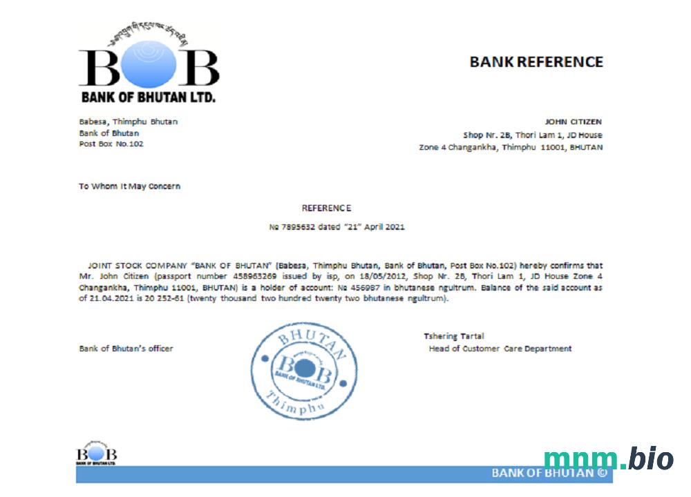Przykład odniesienia Bhutan Bank Of Bhutan w formatach Word i PDF
